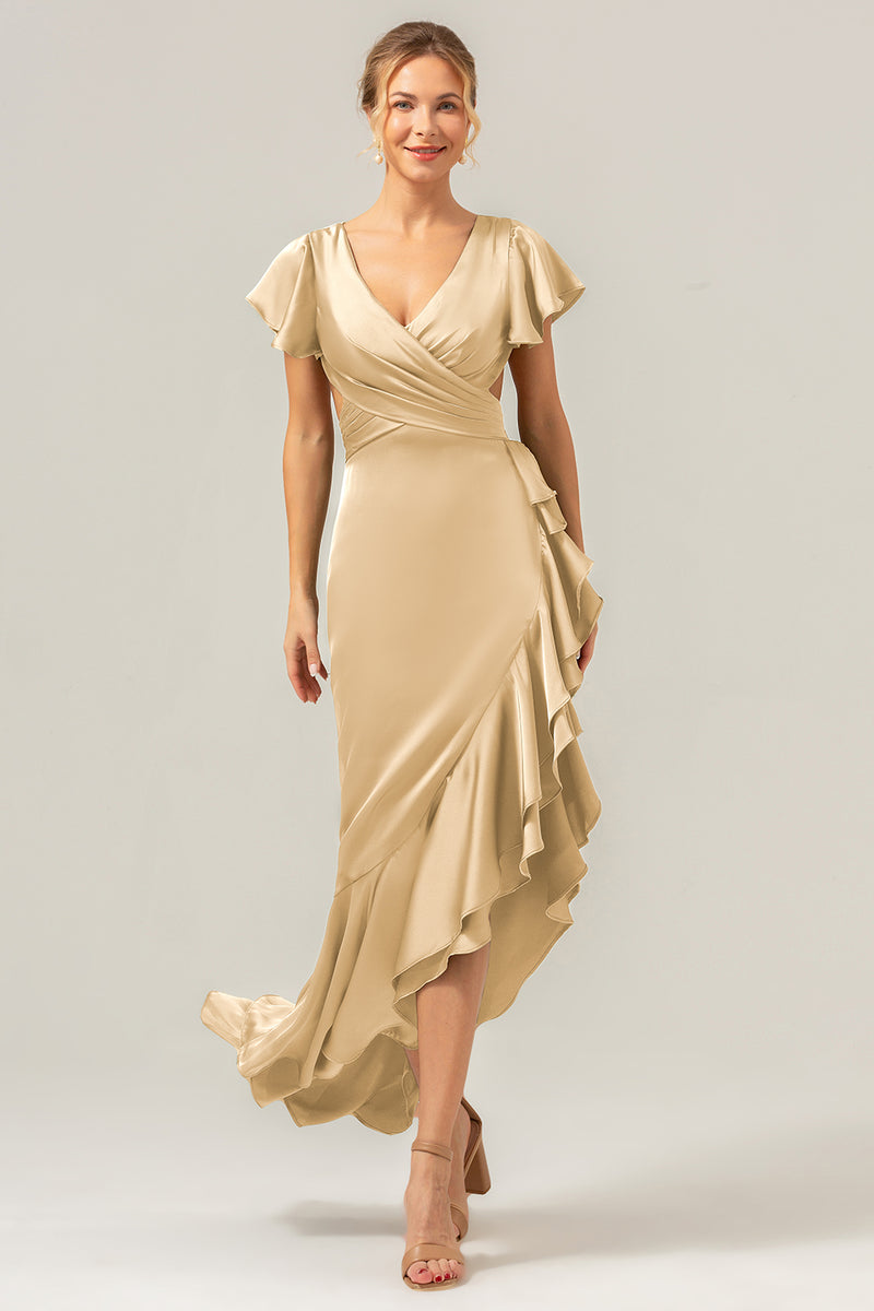 Load image into Gallery viewer, Olive A Line V Neck Satin Asymmetrical Bridesmaid Dress with Ruffle Slit