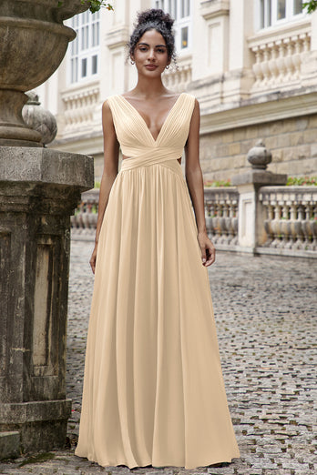 Dark Green A Line V Neck Pleated Chiffon Long Bridesmaid Dress with Lace-up Back