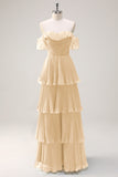 Eucalyptus A Line Off the Shoulder Tiered Pleated Long Bridesmaid Dress with Slit