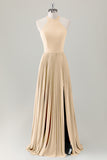 Grey Blue A Line Halter Long Bridesmaid Dress with Slit