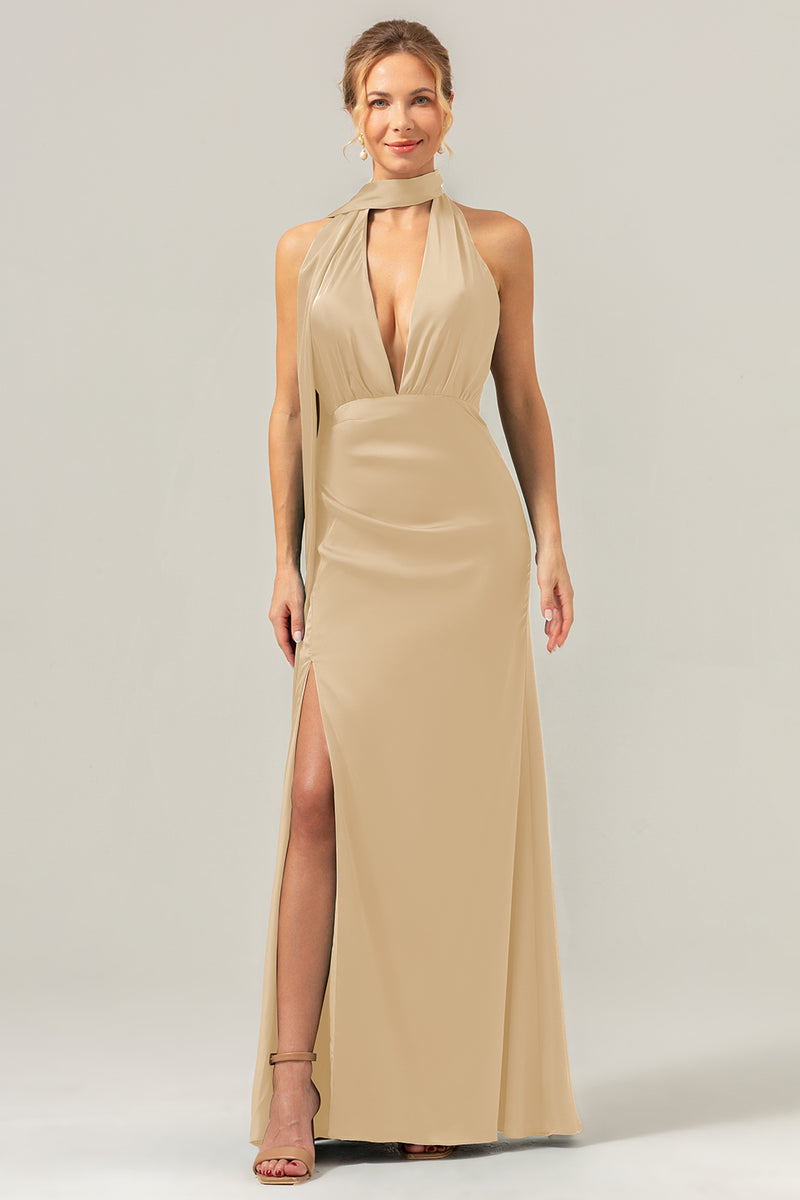 Load image into Gallery viewer, Peacock Sheath V-Neck Backless Long Bridesmaid Dress with Slit