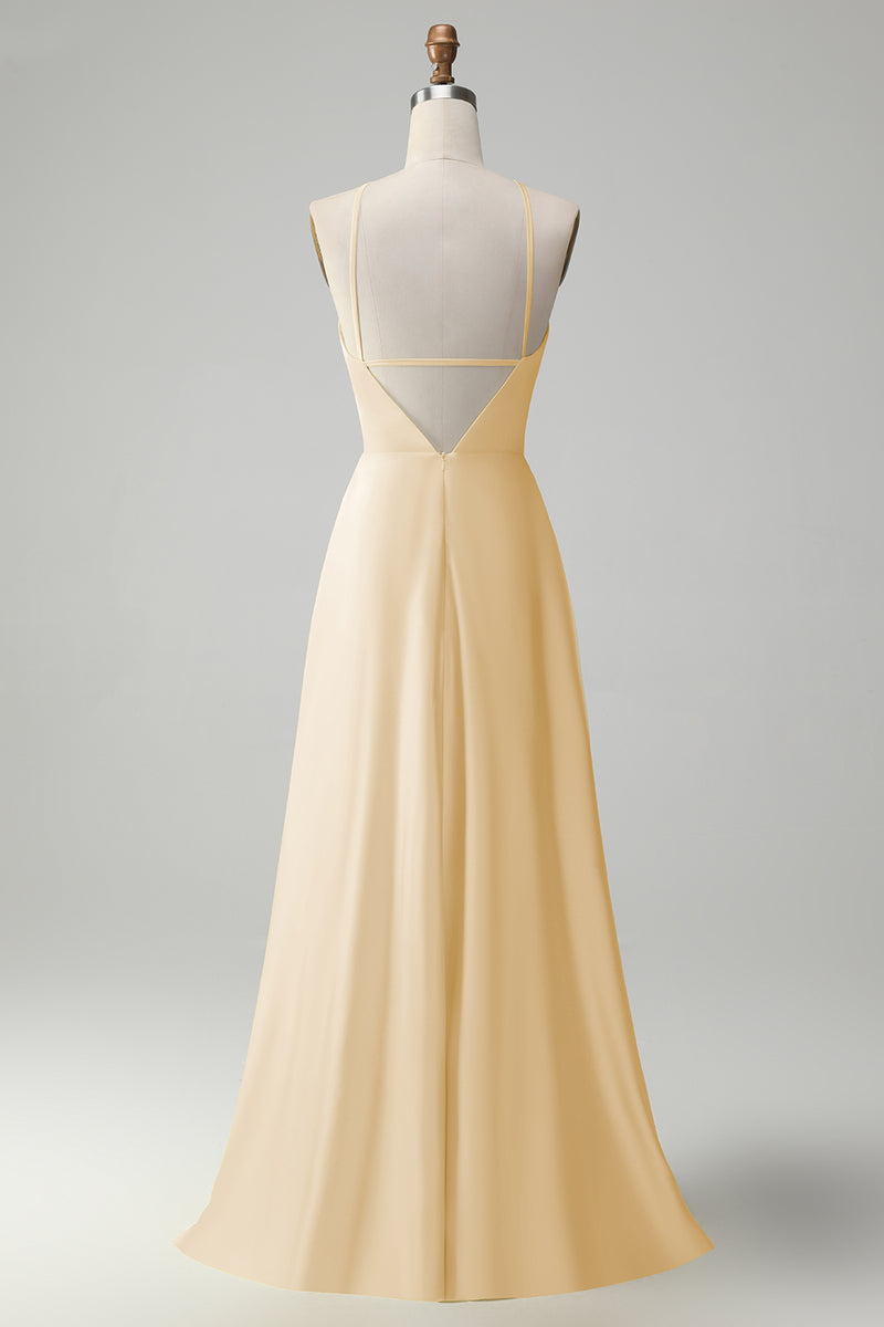 Load image into Gallery viewer, Yellow A Line Halter Cut Out Long Bridesmaid Dress with Flower