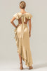 Load image into Gallery viewer, Olive A Line V Neck Satin Asymmetrical Bridesmaid Dress with Ruffle Slit