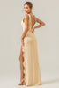 Load image into Gallery viewer, Lime Sheath Deep V Neck Backless Long Bridesmaid Dress with Ruffle Slit