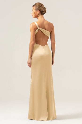 Olive Mermaid One Shoulder Backless Satin Long Bridesmaid Dress