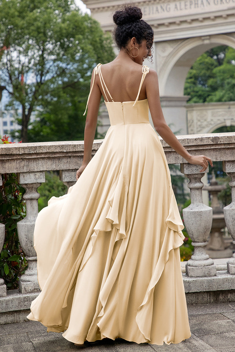 Load image into Gallery viewer, Matcha A Line Spaghetti Straps Long Bridesmaid Dress with Ruffles