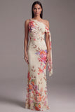 Ivory Asymmetrical Neck Sheath Printed Ruched Floral Dress