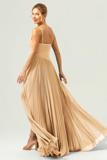 A-Line Spaghetti Straps Pleated Chiffon Eucalyptus Bridesmaid Dress with Slit