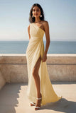 One Shoulder Ruched Ivory Maxi Sheath Beach Engagement Dress with Slit