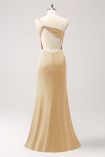 Olive One Shoulder Mermaid Satin Long Bridesmaid Dress