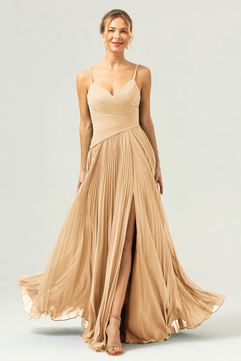 A-Line Spaghetti Straps Pleated Chiffon Eucalyptus Bridesmaid Dress with Slit