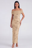 Off the Shoulder Yellow Sheath Embroidered Maxi Floral Dress with Slit
