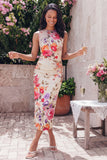 Black Sheath Printed Ruched Midi Floral Dress