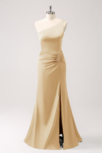 Olive One Shoulder Mermaid Satin Long Bridesmaid Dress