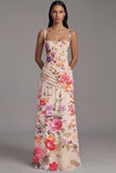 Floral Ruched Ivory Square Neck A Line Maxi Dress