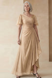 Dusty Sage A Line Ruched Mother of the Bride Dress with Short Sleeves