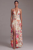 Halter Black Printed A Line Floral Dress with Slit