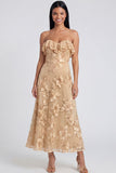 Strapless Light Blue Embroidery A Line Maxi Floral Dress with Ruffles