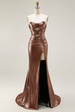 Metallic Dark Golden Mermaid Strapless Cut Out Long Prom Dress with Slit
