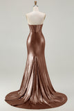 Metallic Dark Golden Beaded Corset Strapless Long Prom Dress