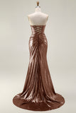 Metallic Dark Golden Mermaid Strapless Cut Out Long Prom Dress with Slit