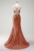 Load image into Gallery viewer, Fuchsia Mermaid Spaghetti Straps Beaded Corset Satin Long Prom Dress with Slit