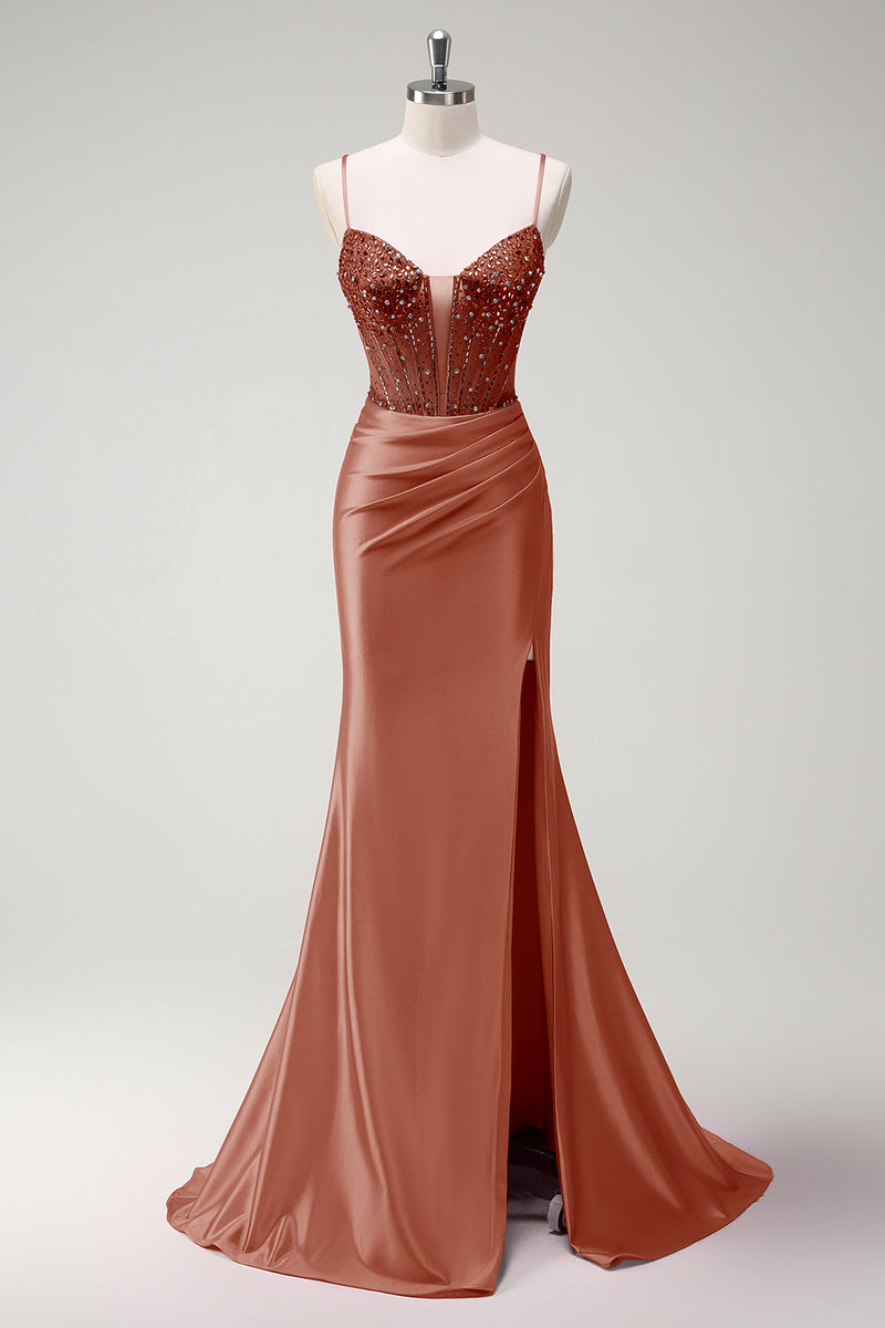 Load image into Gallery viewer, Fuchsia Mermaid Spaghetti Straps Beaded Corset Satin Long Prom Dress with Slit