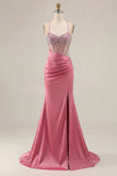 Pink Mermaid Spaghetti Straps Beaded Corset Long Plus Size Prom Dress with Slit