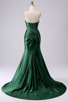 Sparkly Dark Green Mermaid Sweetheart Corset Long Prom Dress with Slit