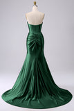 Fuchsia Strapless Satin Mermaid Corset Long PLus Size Prom Dress with Slit