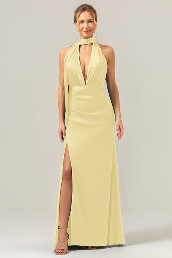 Peacock Sheath V-Neck Backless Long Bridesmaid Dress with Slit