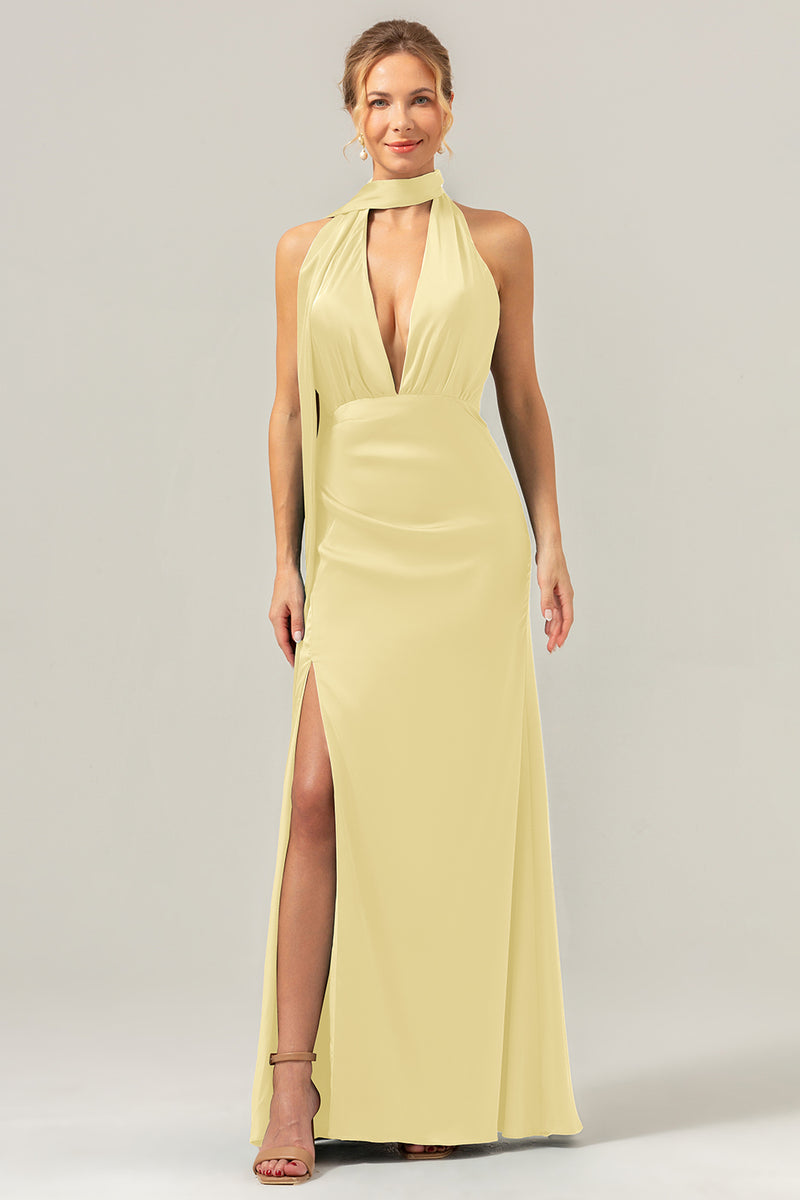 Load image into Gallery viewer, Peacock Sheath V-Neck Backless Long Bridesmaid Dress with Slit