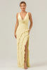 Load image into Gallery viewer, Lime Sheath Deep V Neck Backless Long Bridesmaid Dress with Ruffle Slit