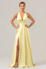 Load image into Gallery viewer, Pink A Line V-Neck Backless Satin Long Bridesmaid Dress with Slit