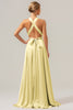 Load image into Gallery viewer, Pink A Line V-Neck Backless Satin Long Bridesmaid Dress with Slit