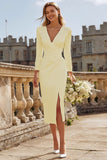 Ivory Bodycon Ruched V Neck Midi Engagement Dress with Slit