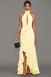 Black Halter Neck Sheath Ruffled Cut Out Long Evening Dress with Slit