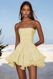 Sky Blue A Line Strapless Chiffon Mini Graduation Dress with Ruffles