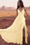 Ivory A Line Ruffled Spaghetti Straps Boho Wedding Dress with Slit