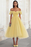 Yellow Off the Shoulder Tulle Pleated Long Prom Dress