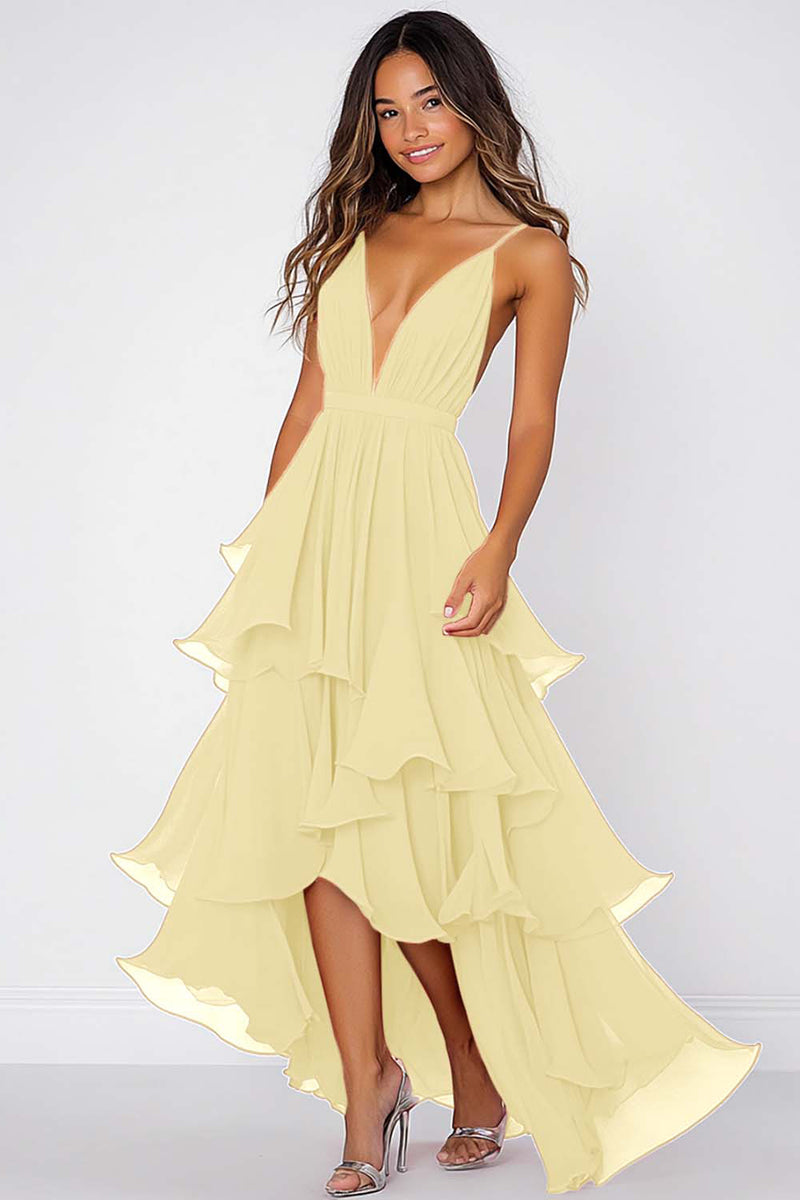 Load image into Gallery viewer, Ruffled Tiered Red Chiffon Spaghetti Straps Formal Dress