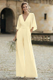Simple Ivory V-Neck Wedding Jumpsuit with Pocket