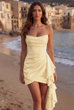 Ivory Strapless Bodycon Ruched Mini Graduation Dress with Ruffles