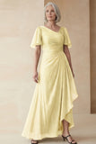 Dusty Sage A Line Ruched Mother of the Bride Dress with Short Sleeves