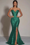 Sparkly Gold Sequins Strapless Mermaid Formal Dress with Slit