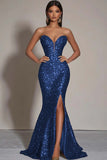Sparkly Gold Sequins Strapless Mermaid Formal Dress with Slit