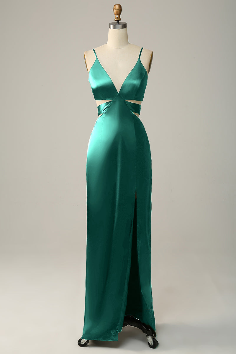 Load image into Gallery viewer, Spaghetti Straps Cut Out Olive Long Bridesmaid Dress with Slit