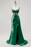 Champagne Mermaid Corset Beaded Satin Long Prom Dress with Slit