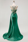 Champagne Mermaid Corset Beaded Satin Long Prom Dress with Slit