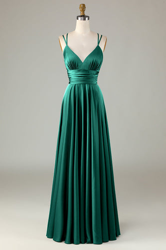 Dark Green A-Line Sleeveless Long Satin Prom Dress